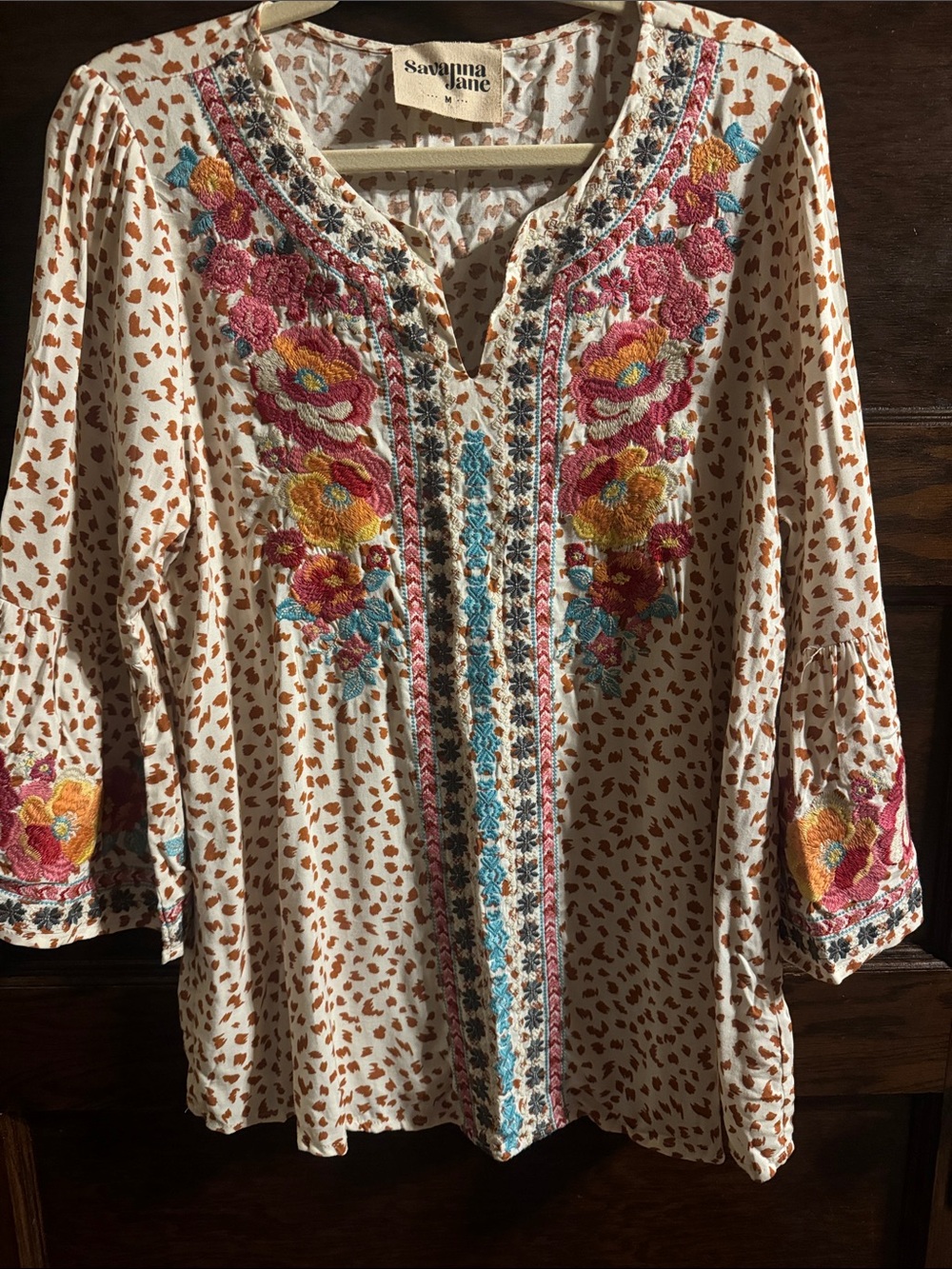 Savanna Jane Cream Tunic with Pink, Yellow, and Teal Floral Embroidery